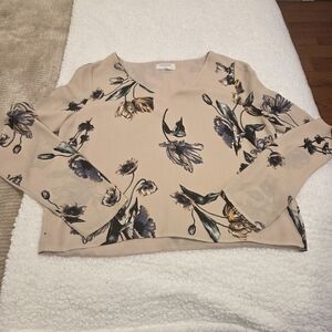 Babaton Aritzia Beige Floral V-Neck Long Sleeve Blouse  Navy & Gold Accents Smal